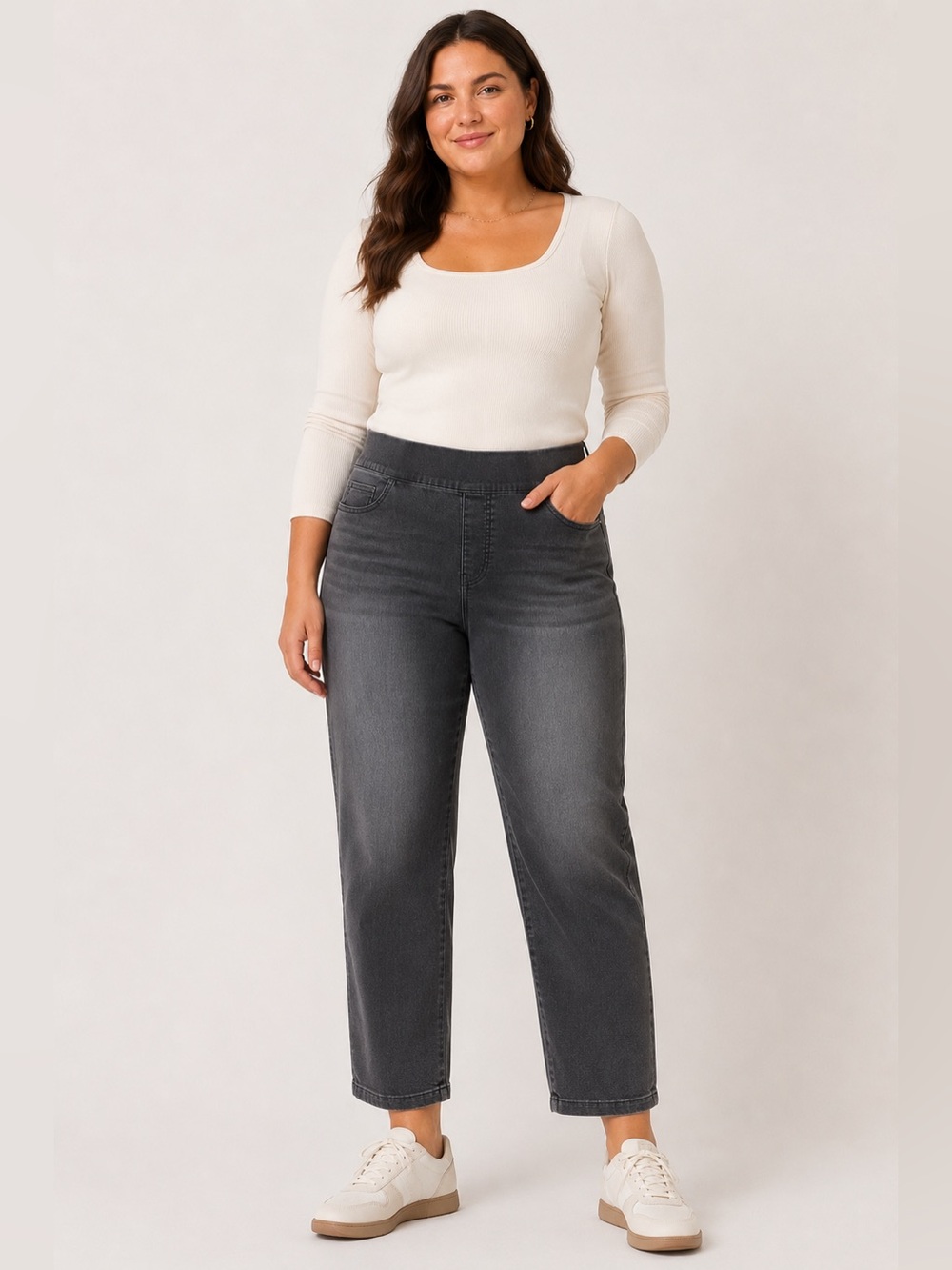 SPANX Gray Cropped Pull-On Jeans Size Large High Rise Shaping Denim